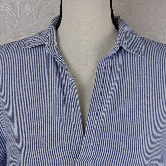 For Cynthia Sz Medium Blue White Striped Tunic Long Sleeve Roll Tab Split V-neck - Picture 2 of 15